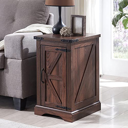 Nightstand with Charging Station, Rectangular Farmhouse End Table with Barn Door and Adjustable Storage Shelf, 17" Deep Wood Rustic Sofa Side Table for Living Room, Bedroom, Brown