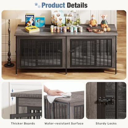 63" Dog Crate Furniture for 2 Dogs with Divider, Gray Wood Grain, view 4