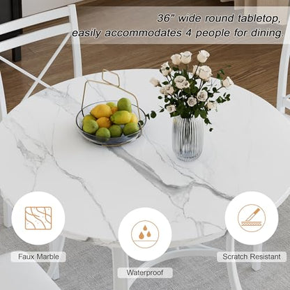 5 Piece Dining Table Set for 4 with Chairs, Faux Marble Tabletop, Small Space, Kitchen, Breakfast Nook, White