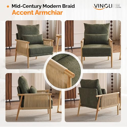 Boho Braid Accent Armchair,Mid-Century Modern Chiar with Solid Wooden Armrest,Comfy Louge Cushion Chair with Waist Pillow for Bedroom,Living Room,Reading Room, Dark Green