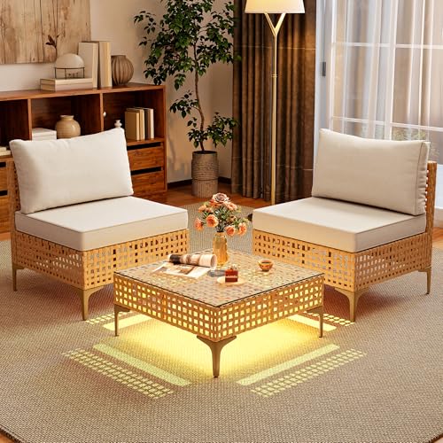Wicker Patio Furniture Set 3 Pieces Outdoor Sectional Sofa with Solar Light Table Outdoor Couch with Waterproof Cushions All-Weather Rattan Patio Conversation Set for Indoor/Outdoor
