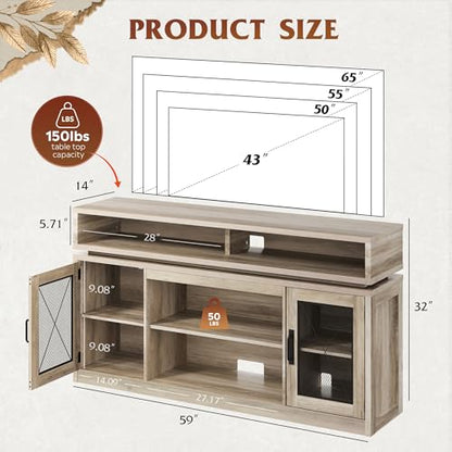 Farmhouse TV Stand for TVs Up to 65" with LED & Top Shelf, Gray Oak, view 4