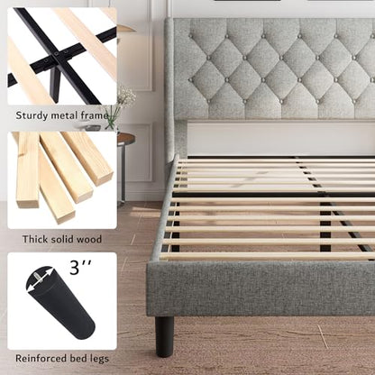 Queen Size Platform Bed Frame with Button Tufted Headboard, view 6