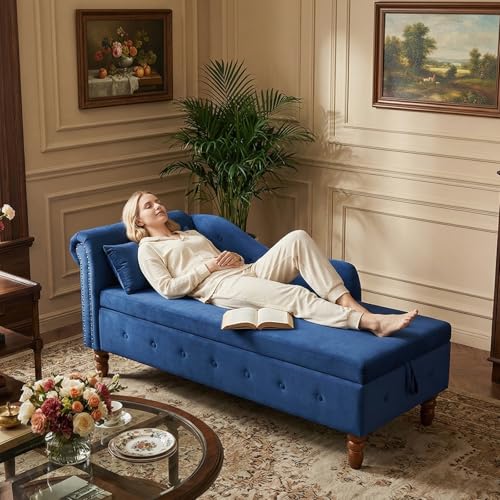 Velvet Chaise Lounge Indoor with Storage,Lounge Chair Sofa,Blue, view 4