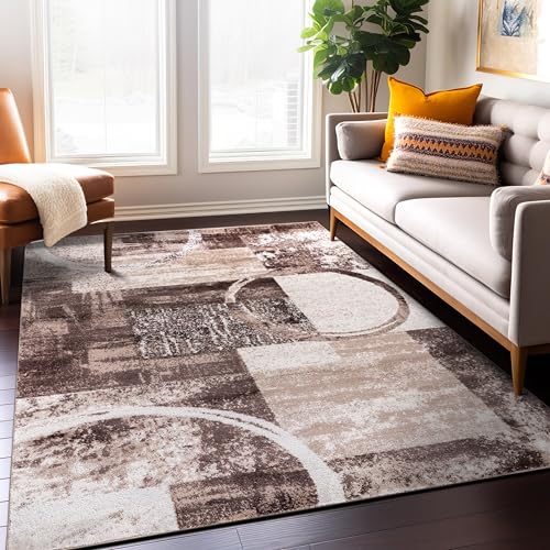 Brown Contemporary Abstract Area Rug, Soft Indoor Carpet with Jute Backing, Non-Shedding Distressed Geometric Circle Design for Living Room, Bedroom, Dining Room and Home Office, 5'3" x 7'3"