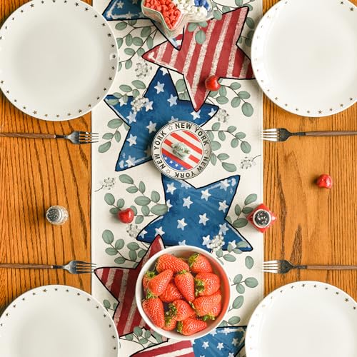 American Flag Stars Eucalyptus 4th of July Table Runner, Memorial Day Kitchen Dining Table Decoration for Home Party Decor 13x72 Inch