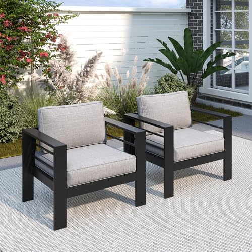Patio Furniture Metal Armchair,2 PCS All-Weather Aluminum Garden Outdoor Contemporary Sofa Chair with Cushions, Light Grey