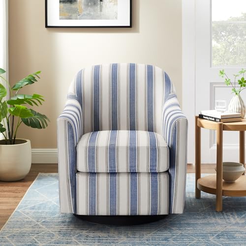Swivel Accent Chair, Swivel Barrel Chair Modern Upholstered Round Armchair, Comfy Club Reading Chairs for Adults, Reading Accent Chairs for Living Room, Bedroom, Office (Navy Stripe)