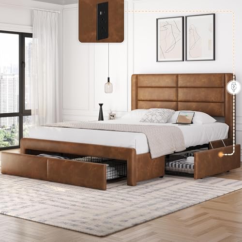 Queen Upholstered Bed Frame with Storage & Charging, view 2
