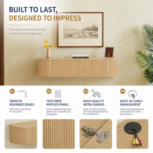 55" Fluted Floating TV Stand, Wall-Mounted Media Console (Natural), view 8