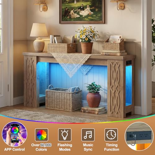 63" Console Table with Outlet, Farmhouse Entryway Table with Colorful LED Lights, Wooden Sofa Table with Unique Carved Design, Foyer Accent Table for Entrance, Hallway, Living Room Natural