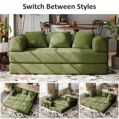 Convertible Sofa Bed, Corduroy Memory Foam Compression Sofa, Modular Floor Sofa with Pull-Out Bed, Compressed Couch Folding Sleeper Couches Bed for Living Room Bedroom Lounge, Olive Green
