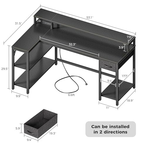 53 inch Reversible L Shaped Desk with LED Lights & Power Outlets, Computer Desk with Shelves & Monitor Stand, Gaming Desk with Drawer, Home Office Desk, Carbon Fiber Black