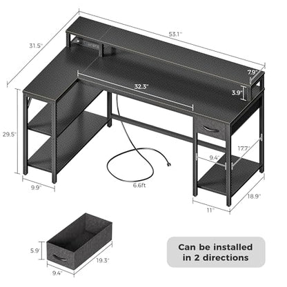 53 inch Reversible L Shaped Desk with LED Lights & Power Outlets, Computer Desk with Shelves & Monitor Stand, Gaming Desk with Drawer, Home Office Desk, Carbon Fiber Black