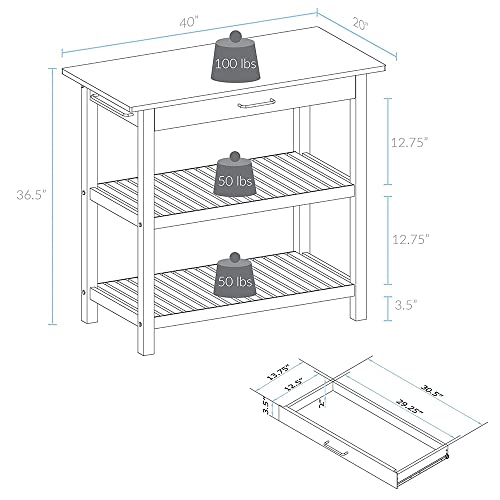 3 Tier Rolling Kitchen cart Kitchen Island with Solid American Hardwood top cart with Storage Drawer Shelves 40’inch Width Wood top 3-Tier Kitchen prep Island with Drawer