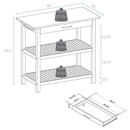 3 Tier Rolling Kitchen cart Kitchen Island with Solid American Hardwood top cart with Storage Drawer Shelves 40’inch Width Wood top 3-Tier Kitchen prep Island with Drawer