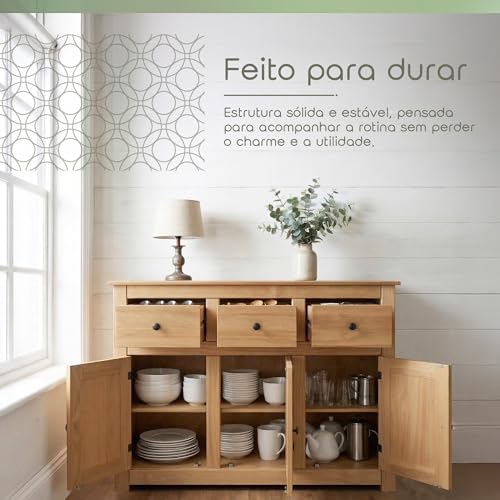 Solid Wood Sideboard Buffet Cabinet with 3 Drawers and 3 Doors, view 5