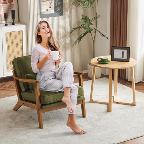 Mid-Century Lounge Accent Chair, Green | Wide Curved Armrest, Linen Fabric, Lumbar Pillow Included, Solid Wood Frame, For Living Room, Bedroom, Balcony, Apartment