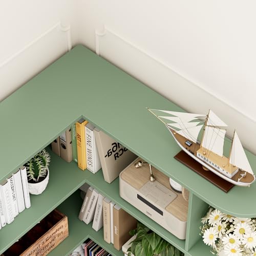 72” Tall Corner Bookshelf, 6-Tier Bookshelf and Bookcase with Open Storage, Tall Bookcases Wooden Storage Shelves for Home Office, Thickened Boards for Better Load Bearing, Green