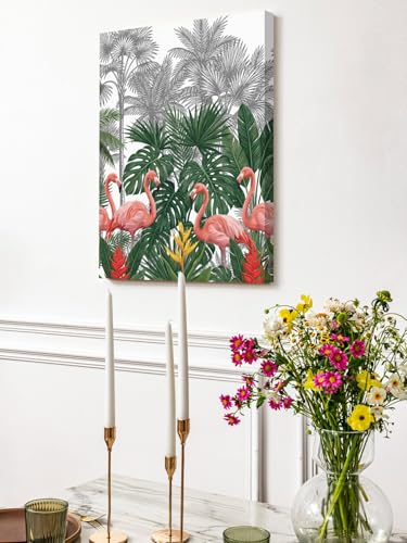 NuYeBiofx Summer Pink Flamingo Palm Leaf Canvas Wall Art Prints,48"x32" Framed Picture Artwork Tropical Animal Plant Tree Printed Canvas Oil Painting for Living Room Bedroom Office,Ready to Hang