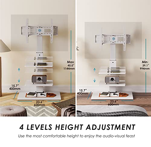 Iron Base Universal Floor TV Stand with Swivel Tilt, TV Mount Stand for 32-75 Inch Screens, Corner TV Stand with Height Adjustable Entertainment Shelves (White)