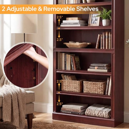 75.2" Tall Bookshelf, 6-Tier Farmhouse Open Bookcase Cherry, view 4