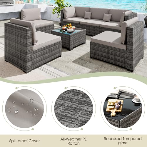 7 Piece Patio Outdoor Furniture Set, Outdoor Sectional, All-Weather Hand-Woven Wicker Patio Sectional Sofa, Rattan Outside Furniture with Grey Cushion and Glass Coffee Table