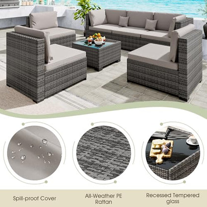 7 Piece Patio Outdoor Furniture Set, Outdoor Sectional, All-Weather Hand-Woven Wicker Patio Sectional Sofa, Rattan Outside Furniture with Grey Cushion and Glass Coffee Table