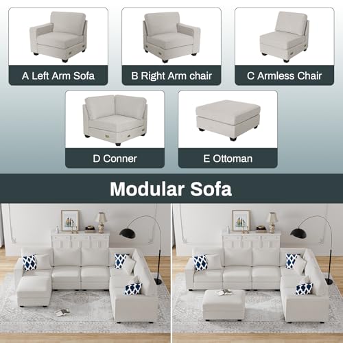 Oversized Modular Sectional Sofa,U/L‑Shaped Reversible Couch with Ottoman,Deep Seat Plush Polyester Sofa for Living Room,7‑Seater,Cream