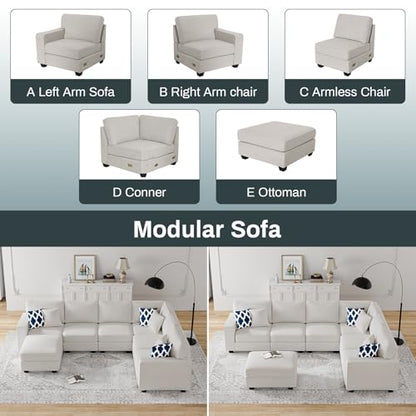 Oversized Modular Sectional Sofa,U/L‑Shaped Reversible Couch with Ottoman,Deep Seat Plush Polyester Sofa for Living Room,7‑Seater,Cream