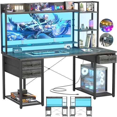 Desk with LED and Outlets, Gaming Desks with Hutch, 55.2'' Computer Desk with Drawers, Reversible Office Desk with Storage Bookshelf Large Workstation with Shelf, Desk for Home, Black Oak