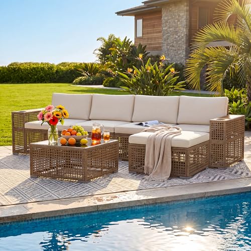 Patio Furniture Set,6 Pieces Outdoor Sectional Sofa with Cup Holder and 7.87in Wider Armrest, PE Wicker Backyard Couch Set with Coffee Table&Glass Tabletop for Deck, Porch（6 pcs）