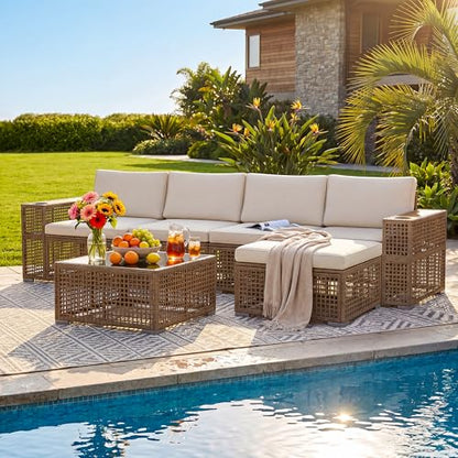 Patio Furniture Set,6 Pieces Outdoor Sectional Sofa with Cup Holder and 7.87in Wider Armrest, PE Wicker Backyard Couch Set with Coffee Table&Glass Tabletop for Deck, Porch（6 pcs）