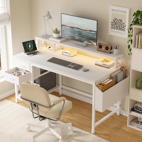 40" White Desk with File Drawers & Storage Bag, Reversible Computer Desk with Monitor Stand,Home Office Desk with LED Strip & Power Outlets for Bedroom, Small Space, Study, Handwork