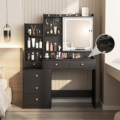 Vanity Desk with Mirror and Lights, Makeup Vanity with 6 Drawers and Shelves, Dressing Table with Power Outlet, Makeup Desk with Led Lighted Mirror in 3 Colors, for Bedroom, Black