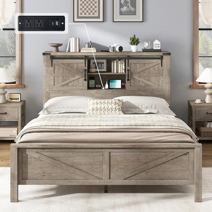 Queen Farmhouse Bed with Storage Wood Grey, view 4