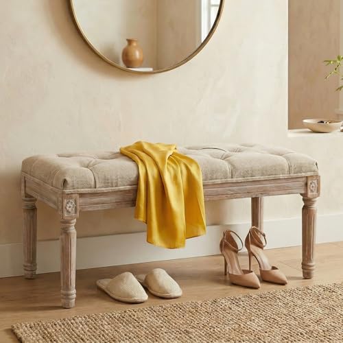 Upholstered Fabric Entryway Bench, Tufted Piano Bench for 2 People, Rubber Wood Legs with Beautiful Carved Pattern for Bedroom/Living Room/Dining Room (Beige)