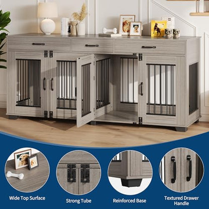 GAOMON 71-Inch Wooden Double Dog Crate with 3 Drawers, Grey, view 4