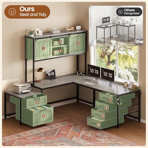 Farmhouse L Shaped Office Desk with 6 Drawer, Reversible Computer Desk with Power Outlet, Hutch for Home Office/Two Person, Corner Desk with File Drawer & Printer Storage Shelves, Grey