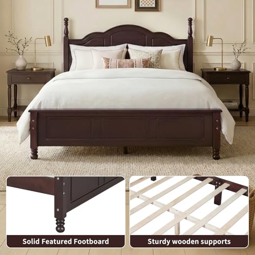 Dark Walnut Wood Bed Frame Queen Size with Wave Shaped Headboard, view 7