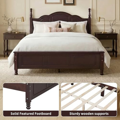Dark Walnut Wood Bed Frame Queen Size with Wave Shaped Headboard, view 7