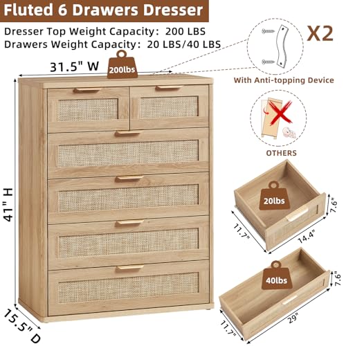 Rattan Dresser for Bedroom, 41" Tall Chest of Drawers, Modern 6 Drawers Boho Dressers with Storage, Light Oak Dresser Wooden Closet Organizer for Living Room, Hallway, Natural Wood
