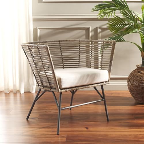 SAFAVIEH Home Collection Camira Tropical White/Natural Rattan Dining Chair with Cushion (Fully Assembled)