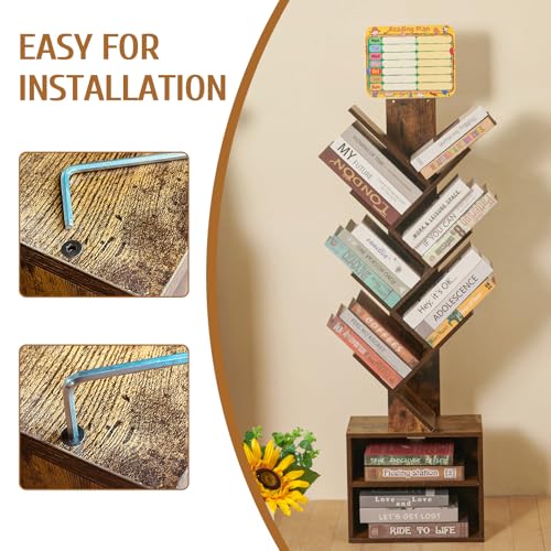7 Tier Tree Book shelf, Small Bookcase with Reading Planner and Activity Panel, Modern Floor Standing Corner Tall Narrow Storage Cabinet Bookshelves for Home Office Bedroom Living Room (Rustic Brown)