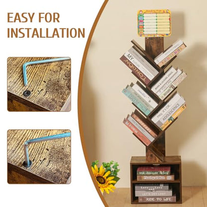 7 Tier Tree Book shelf, Small Bookcase with Reading Planner and Activity Panel, Modern Floor Standing Corner Tall Narrow Storage Cabinet Bookshelves for Home Office Bedroom Living Room (Rustic Brown)