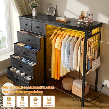 49.2" W Dresser with Hanging Rack & 6 Drawers, Grid Panel & 4 Hooks, view 4