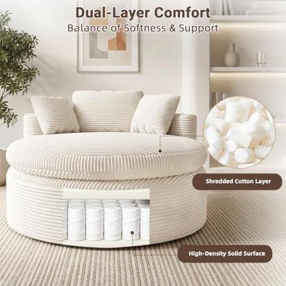 Oversized Round Chair Lounge Chaise, 58'' Corduroy Sofa Bed, Beige, view 4