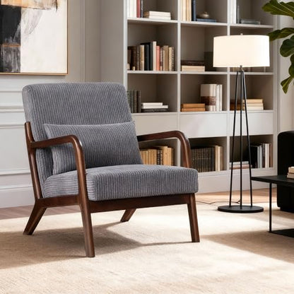 Accent Chair, Comfy Arm Chair with Solid Wood Frame, Upholstered Mid-Century Modern Chair for Living Room Bedroom Waiting Room, Dark Grey