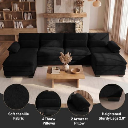 113" U Shaped Sectional Black Couch with Ottoman, Cloud Chenille Sofa | Oversized Deep seat modular U shaped sofa with plush cushions, perfect for family rooms, living rooms and movie nights