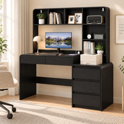 55.1" Computer Desk with Hutch & 4 Storage Drawers,Black, view 4